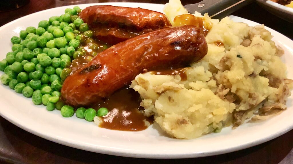 Bangers and Mash with peas