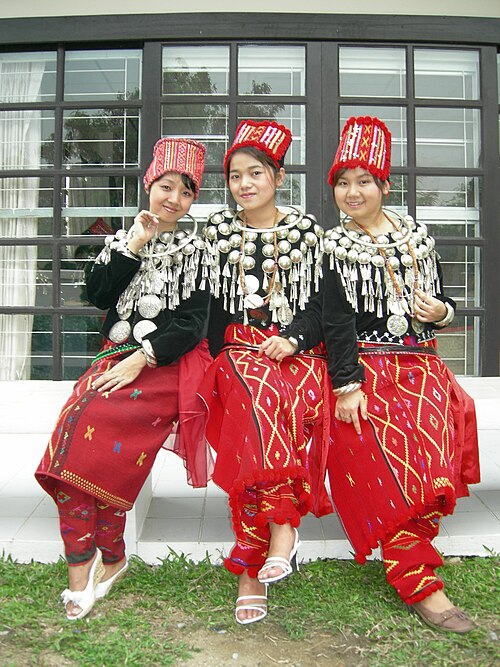 Kachin women in traditional dress from the Jingpo/Singpho cultural group