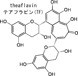 テアフラビンの構造式。カテキン2分子が結合した二量体。