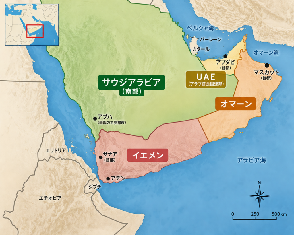 サウジアラビア南部やオマーン、イエメン、UAEがあるアラビア半島南部の地図