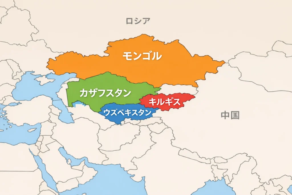 モンゴル、カザフ、キルギス、ウズベクが明示されている中央アジアの地図