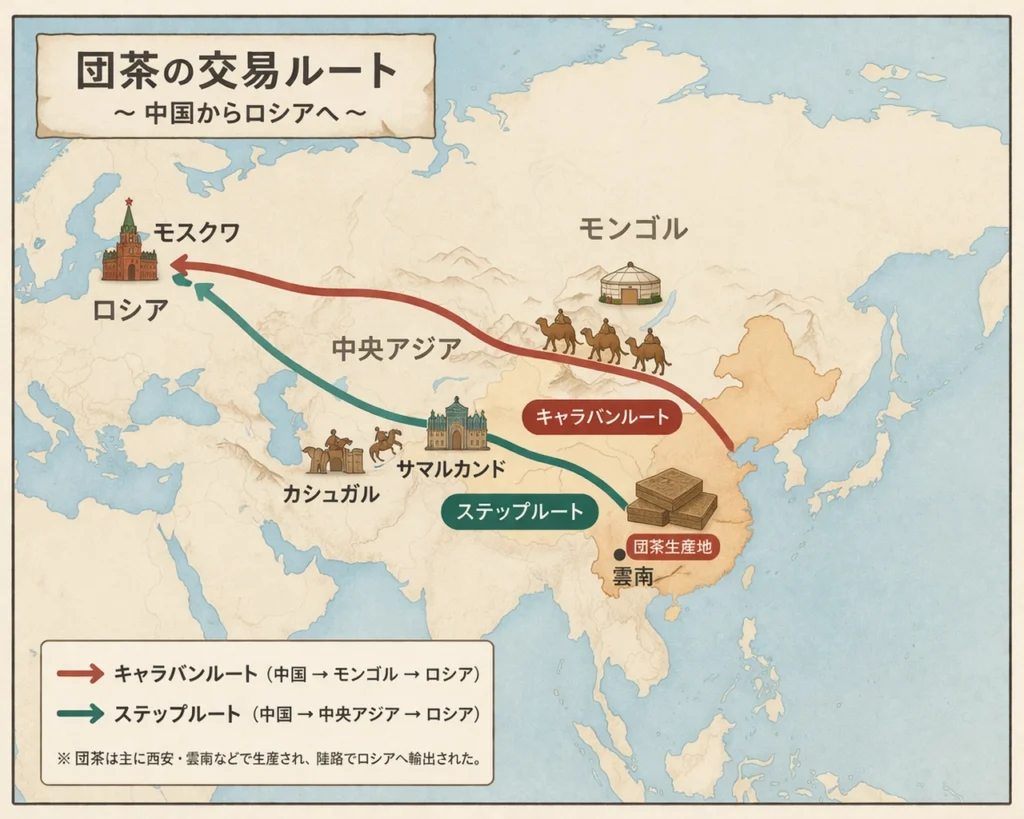 中国からモンゴル・中央アジアを経てロシアへ運ばれた団茶の交易ルートを示す地図