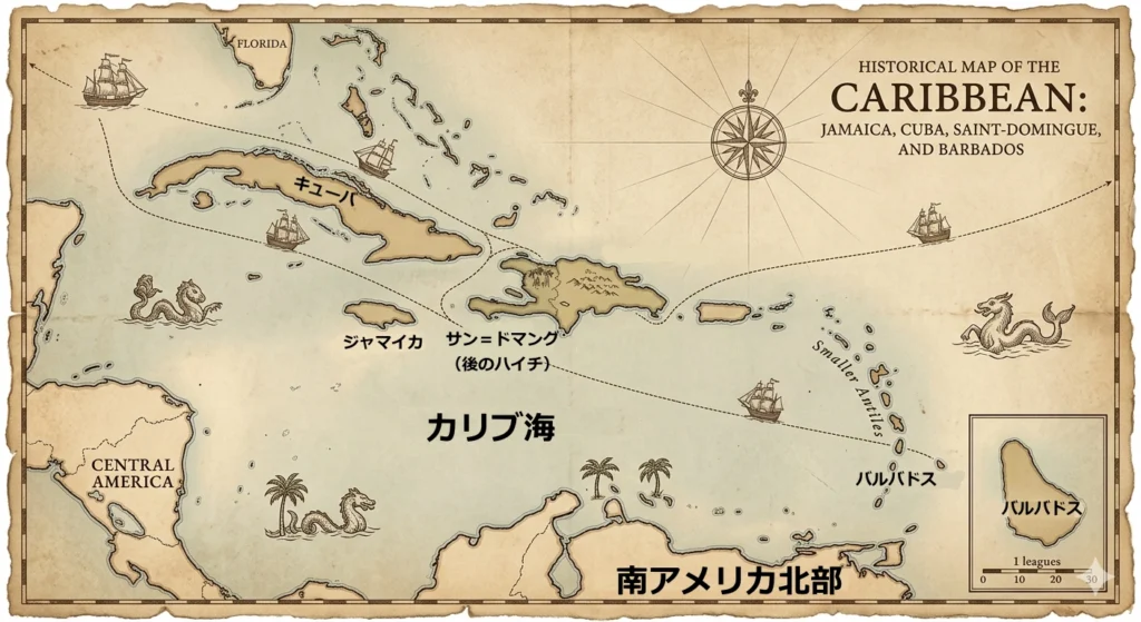 バルバドスで砂糖プランテーション完成し、それがジャマイカなどへ拡大し、サン=ドマングで最大化した後、カリブ全体が砂糖経済になったことを示している地図。