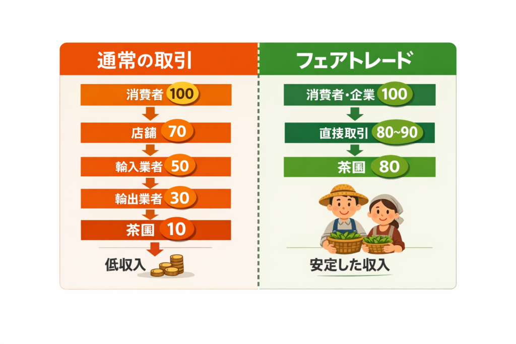 フェアトレードと通常取引の違いを示す図。消費者の100が通常は茶園に10しか届かないのに対し、フェアトレードでは80程度届く構造を示している。