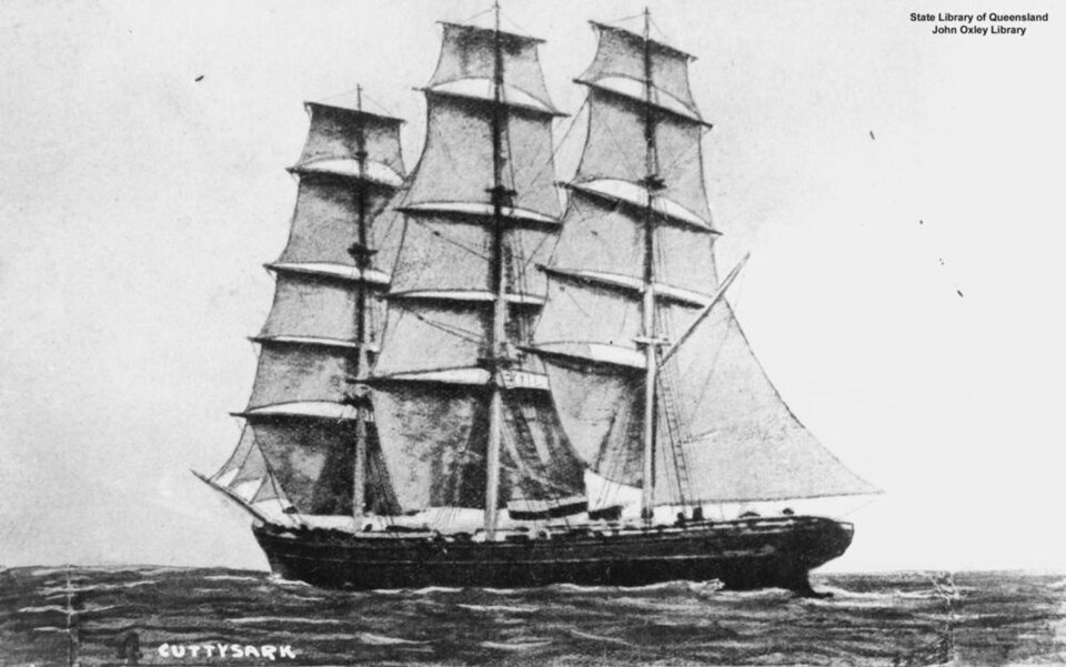 The clipper Cutty Sark in full sails.